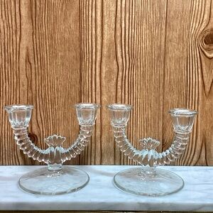 Vintage Paden City Clear Glass Double Candle Holders
